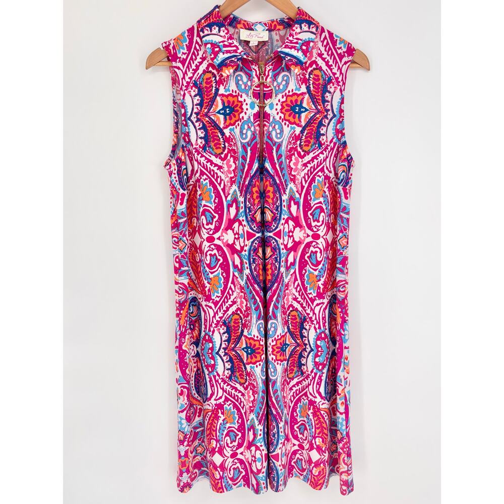 Ivy Road Pink Blue Quarter Zip Abstract Boho Pattern Stretch Dress Size L - Picture 2 of 8
